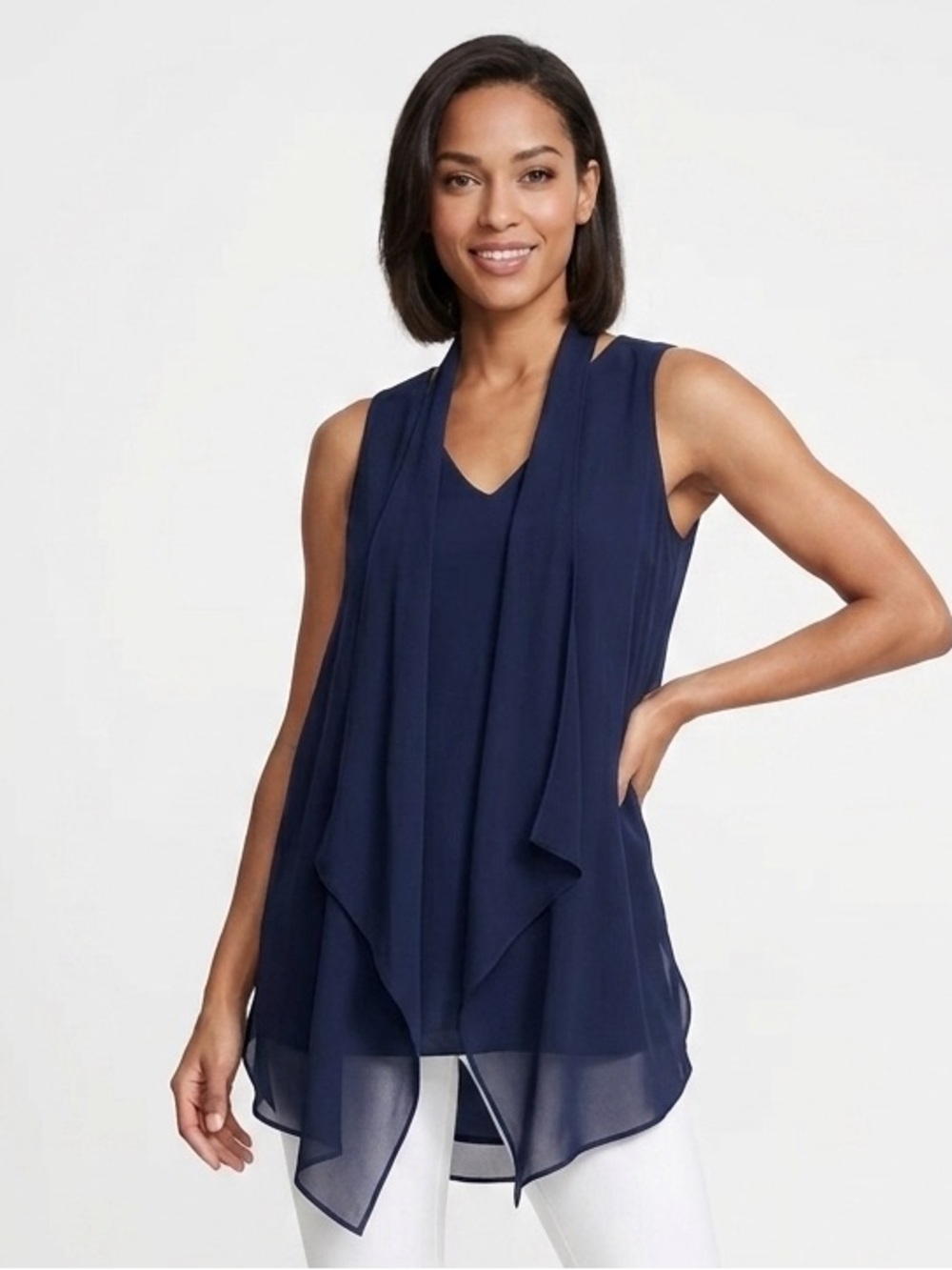 WHBM Navy Blue V Neck Sleeveless Scarf Tunic Top PS SP Petite Small $78 EUC